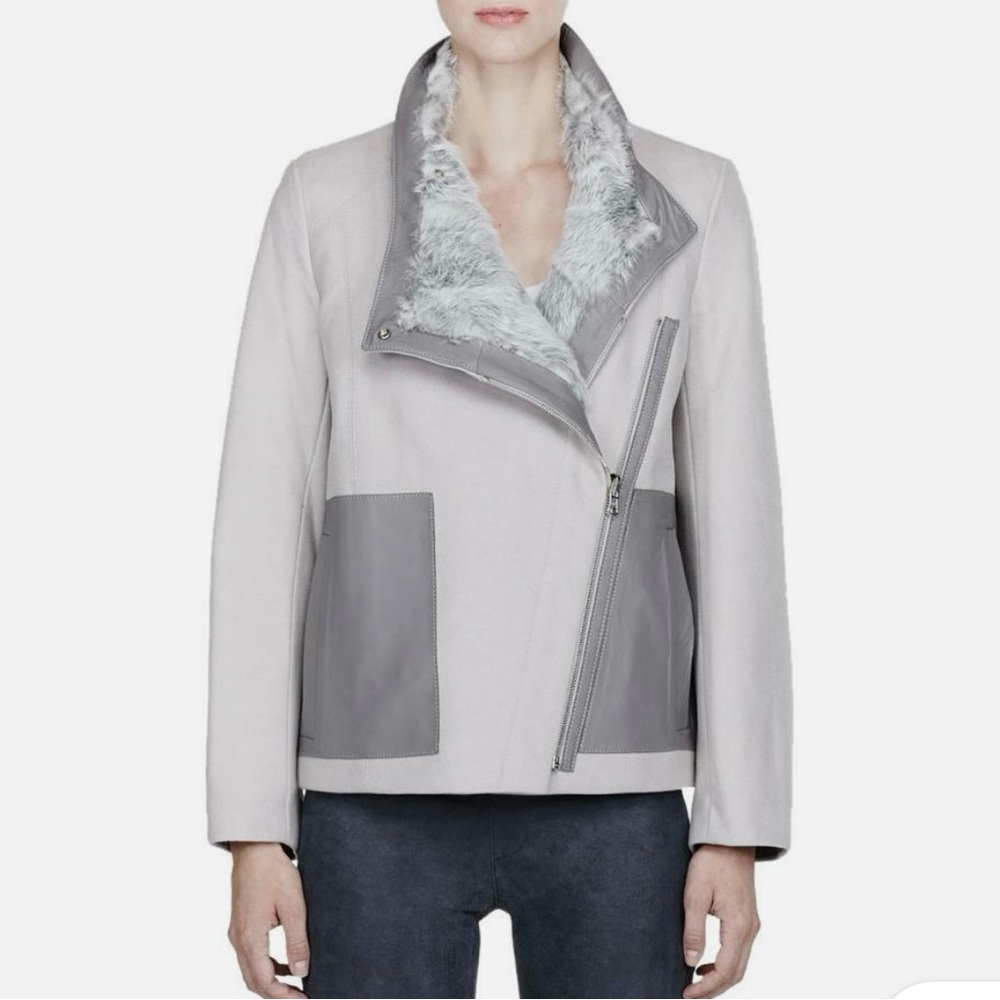 Helmut Lang Women's Gray Rabbit Fur Leather Trim Felt Reversible Jacket Coat M
